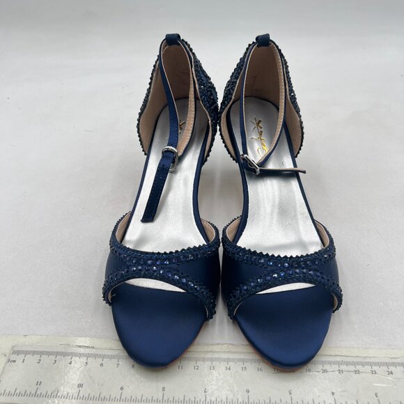 XYD Navy Open Toe Rhinestones Ankle Strap Sandals Low Heel Bridal Evening Shoes - Picture 3 of 8
